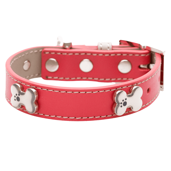 Ruby Red Dog Collar with Navy Leather + Ivory and Gray Stitching